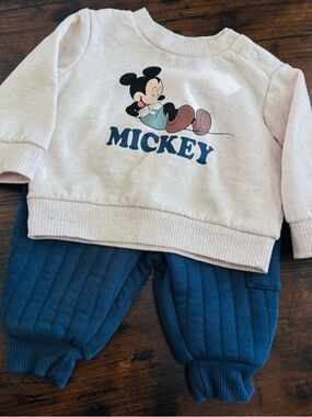 Disney Cream Mickey Sweatshirt with Blue Quilted Joggers 0-3 months